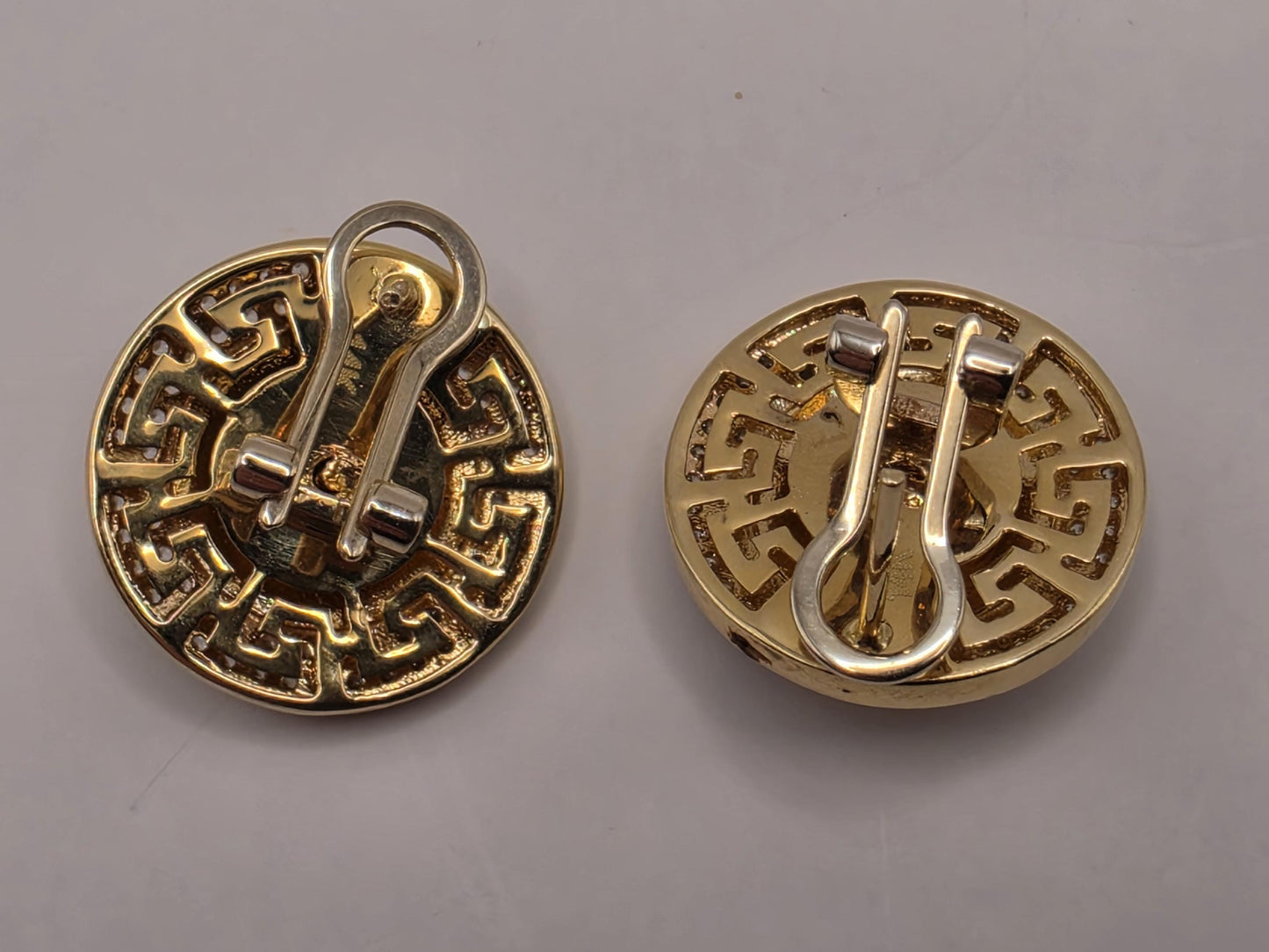 14K Yellow Gold CZ Medusa Greek Key Statement Earrings 0.75 Inch 8.4g Cubic Zirconia Solid Gold Greek Key Statement Fine Jewelry