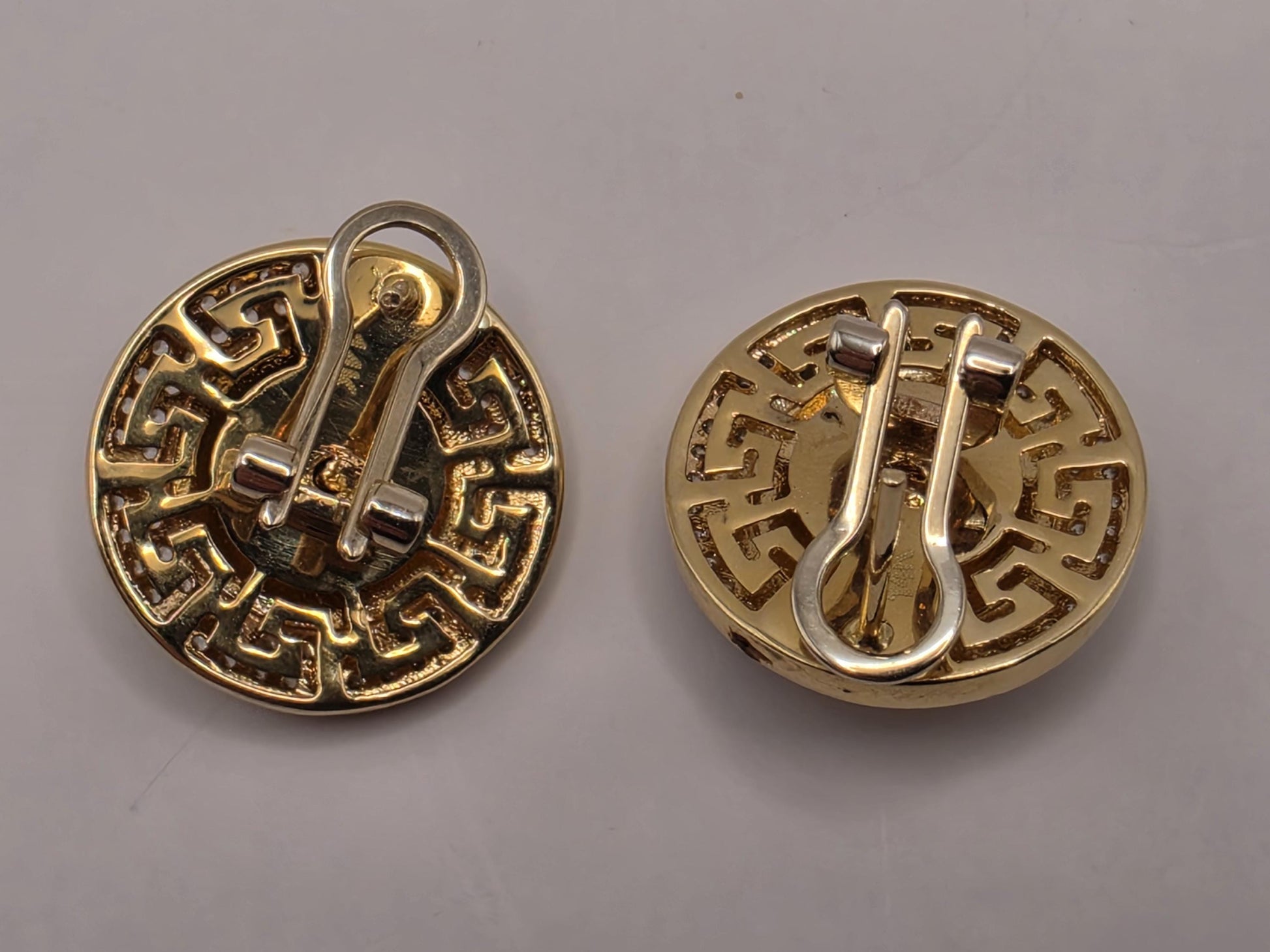 14K Yellow Gold CZ Medusa Greek Key Statement Earrings 0.75 Inch 8.4g Cubic Zirconia Solid Gold Greek Key Statement Fine Jewelry
