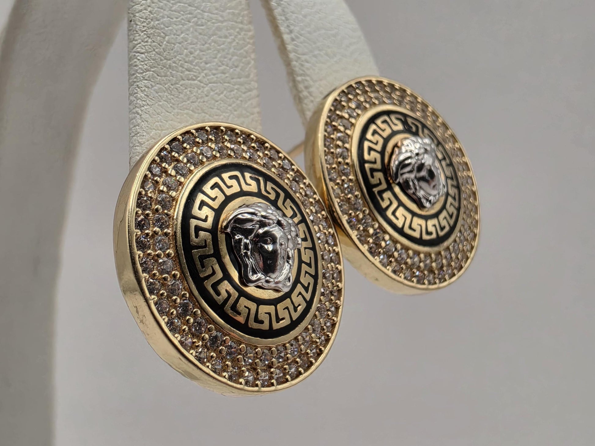 14K Yellow Gold CZ Medusa Greek Key Statement Earrings 0.75 Inch 8.4g Cubic Zirconia Solid Gold Greek Key Statement Fine Jewelry