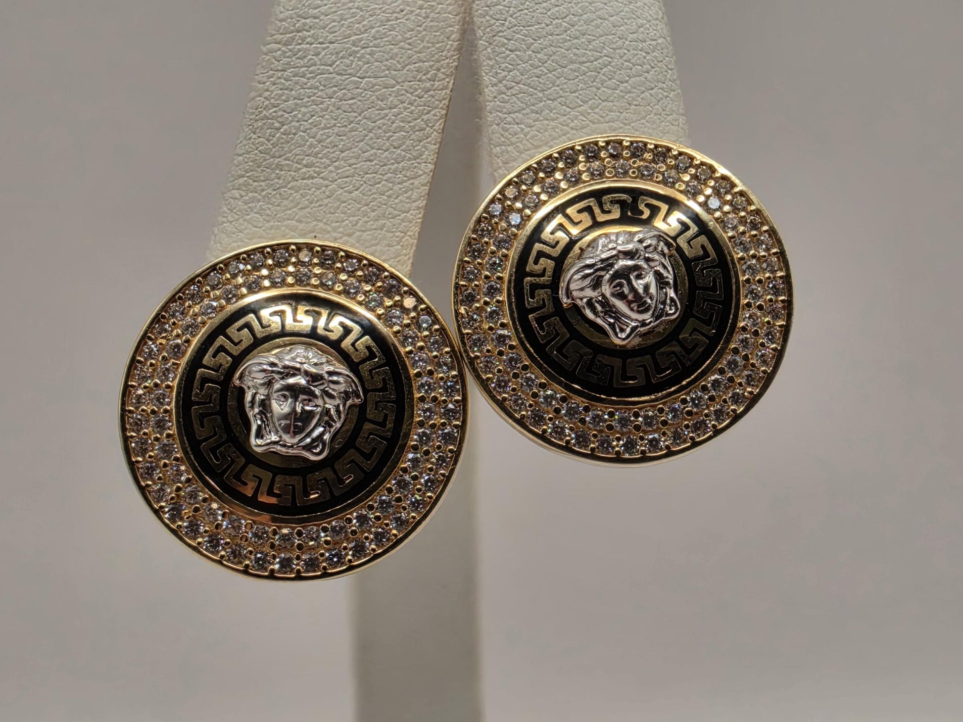 14K Yellow Gold CZ Medusa Greek Key Statement Earrings 0.75 Inch 8.4g Cubic Zirconia Solid Gold Greek Key Statement Fine Jewelry