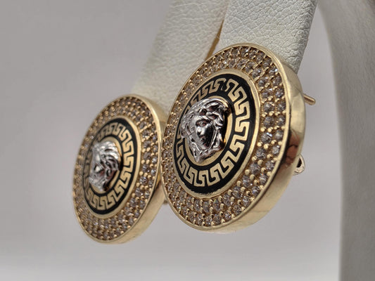 14K Yellow Gold CZ Medusa Greek Key Statement Earrings 0.75" 8.4g