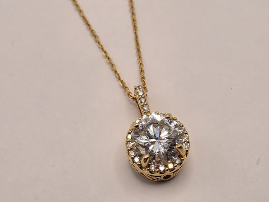 14K Yellow Gold Lab Diamond Halo Pendant Necklace 18" 2.8g