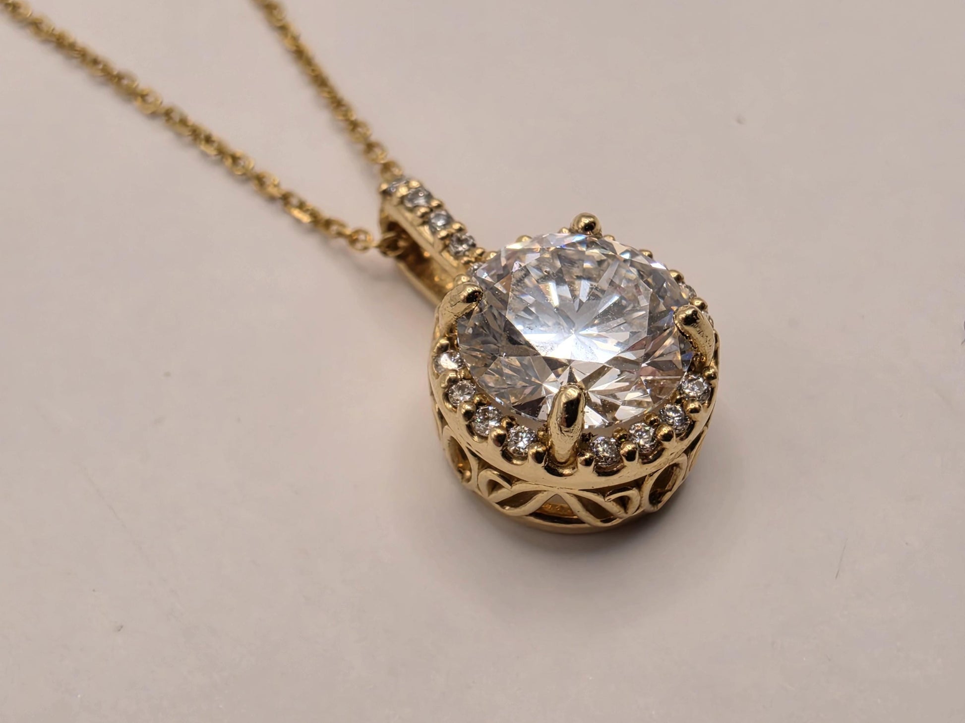 14K Yellow Gold Lab Diamond Halo Pendant Necklace 18 Inch 2.8g Solid Gold Fine Jewelry Gift for Her