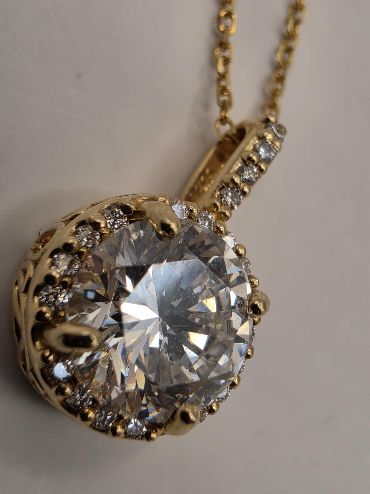 14K Yellow Gold Lab Diamond Halo Pendant Necklace 18 Inch 2.8g Solid Gold Fine Jewelry Gift for Her