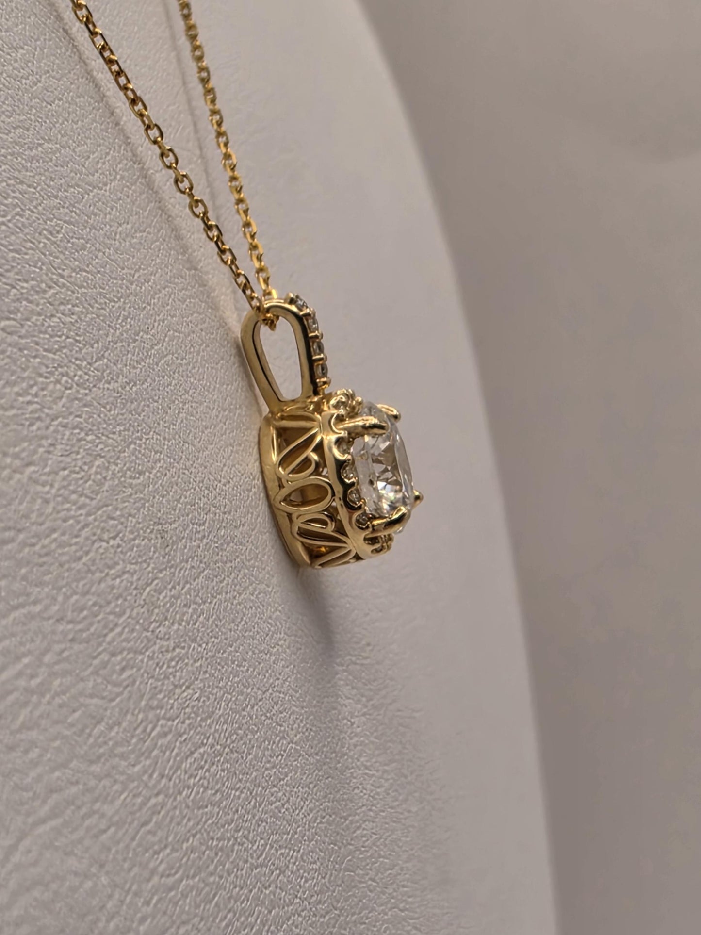 14K Yellow Gold Lab Diamond Halo Pendant Necklace 18 Inch 2.8g Solid Gold Fine Jewelry Gift for Her