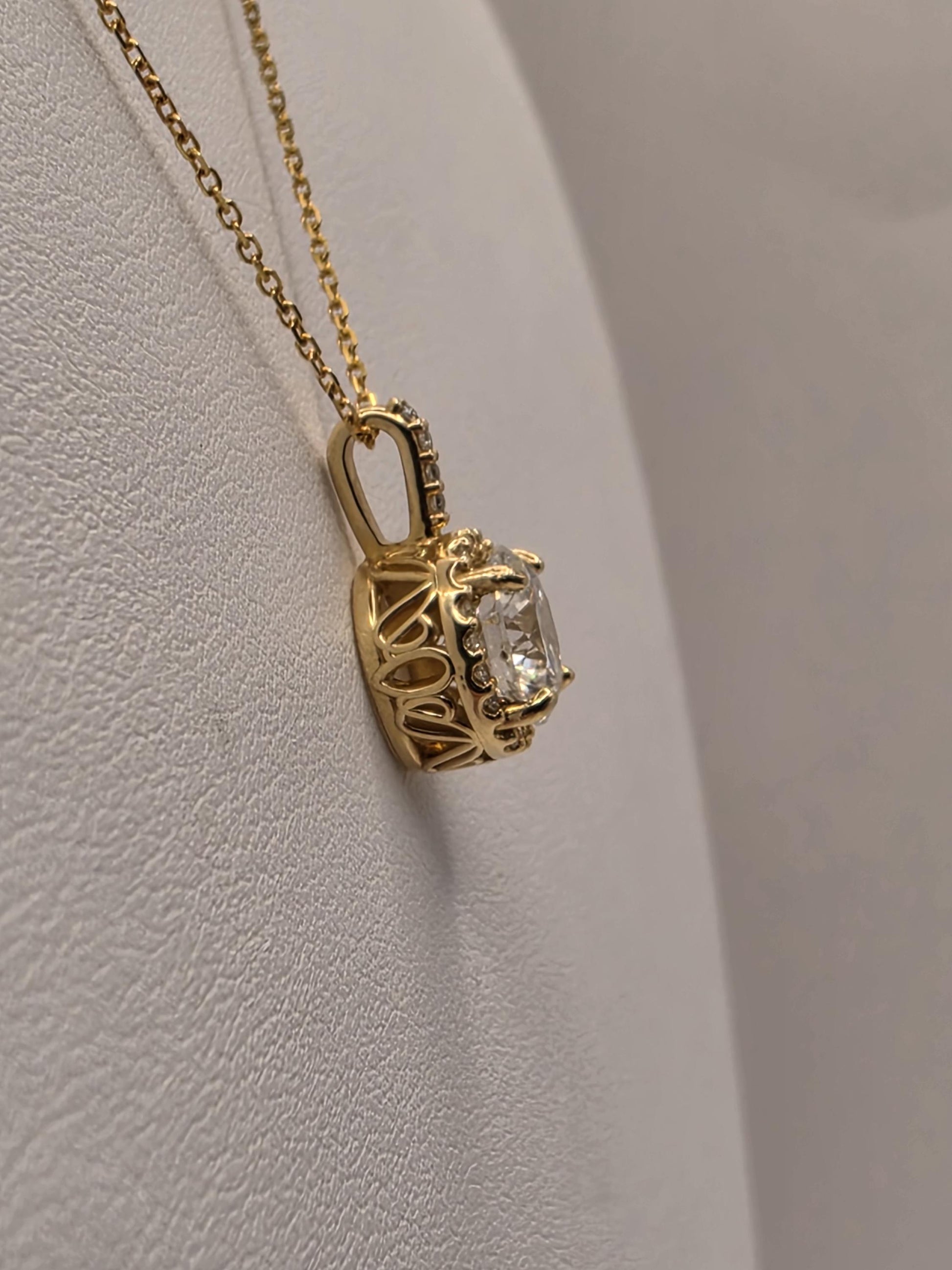 14K Yellow Gold Lab Diamond Halo Pendant Necklace 18 Inch 2.8g Solid Gold Fine Jewelry Gift for Her