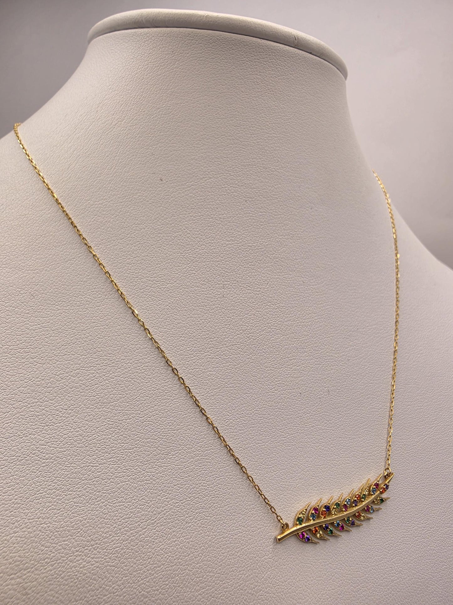 18K Yellow Gold Multicolor CZ Feather Necklace 16.75 Inch 2.7g Cubic Zirconia Solid Gold Fine Jewelry Gift for Her