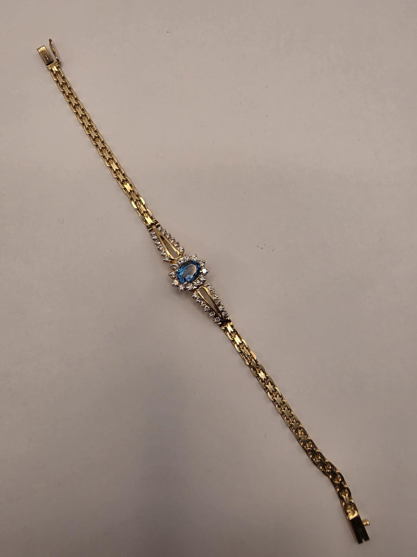 14K Yellow Gold Blue Topaz Halo Bracelet 7 Inch 9.1g Solid Gold Fine Jewelry Gift for Her