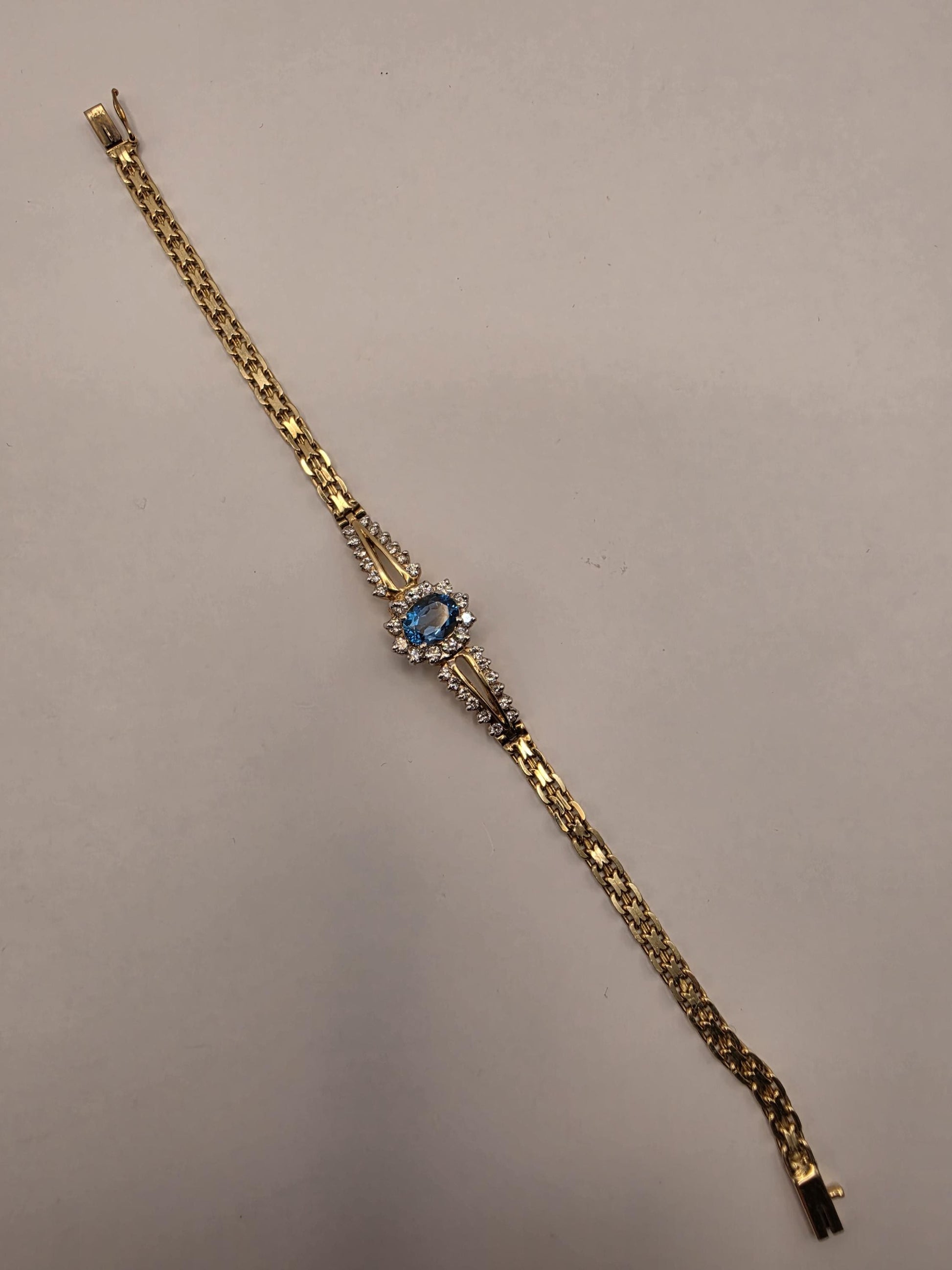 14K Yellow Gold Blue Topaz Halo Bracelet 7 Inch 9.1g Solid Gold Fine Jewelry Gift for Her