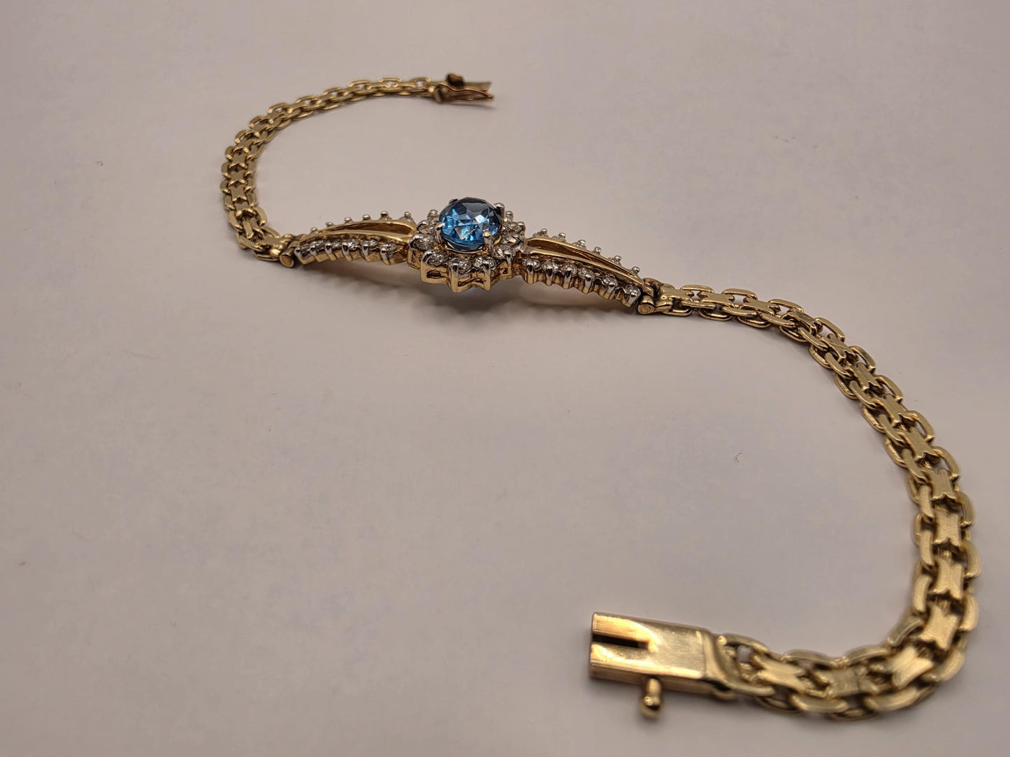 14K Yellow Gold Blue Topaz Halo Bracelet 7 Inch 9.1g Solid Gold Fine Jewelry Gift for Her