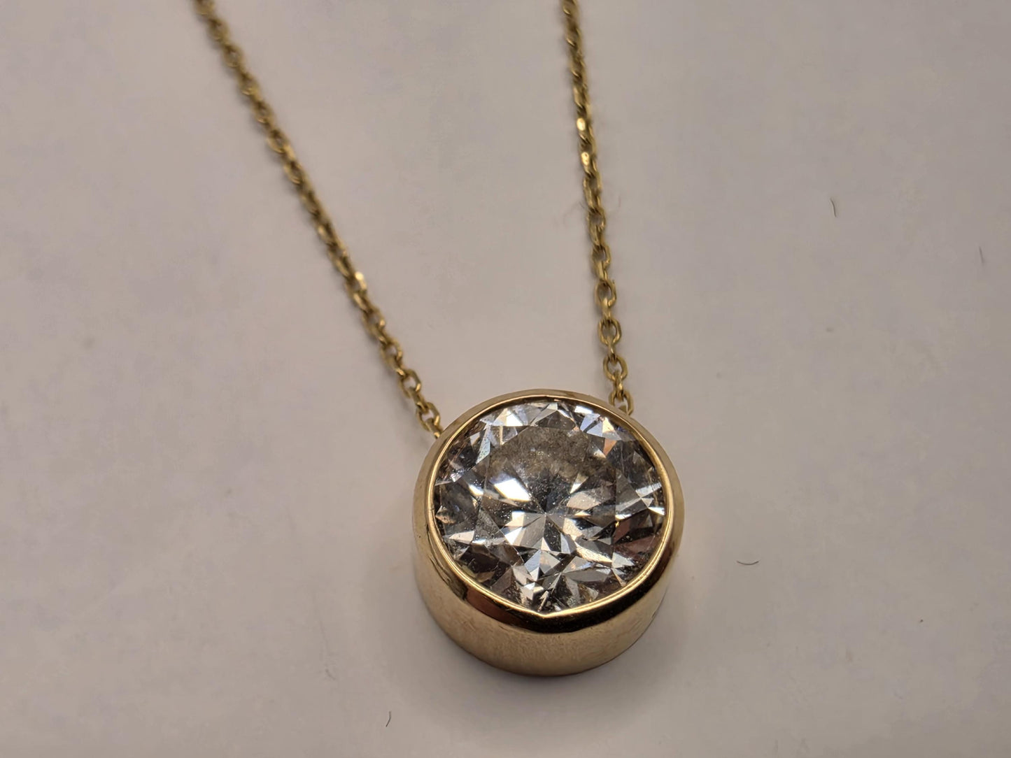 14K Yellow Gold Lab Diamond Bezel Pendant Necklace 19 Inch 2.2g Solid Gold Fine Jewelry Gift for Her