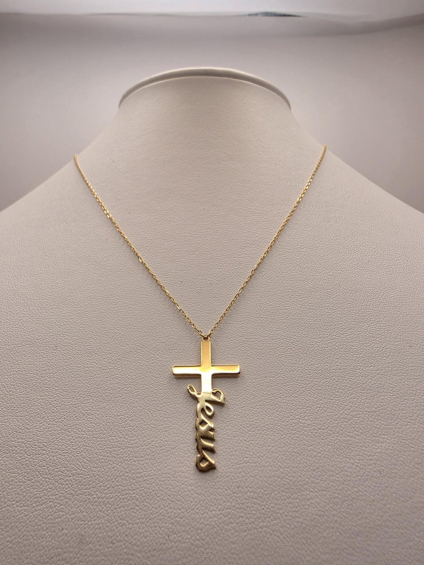 18K Yellow Gold Jesus Cross Pendant Necklace 16 Inch 2.2g Solid Gold Religious Fine Jewelry Gift
