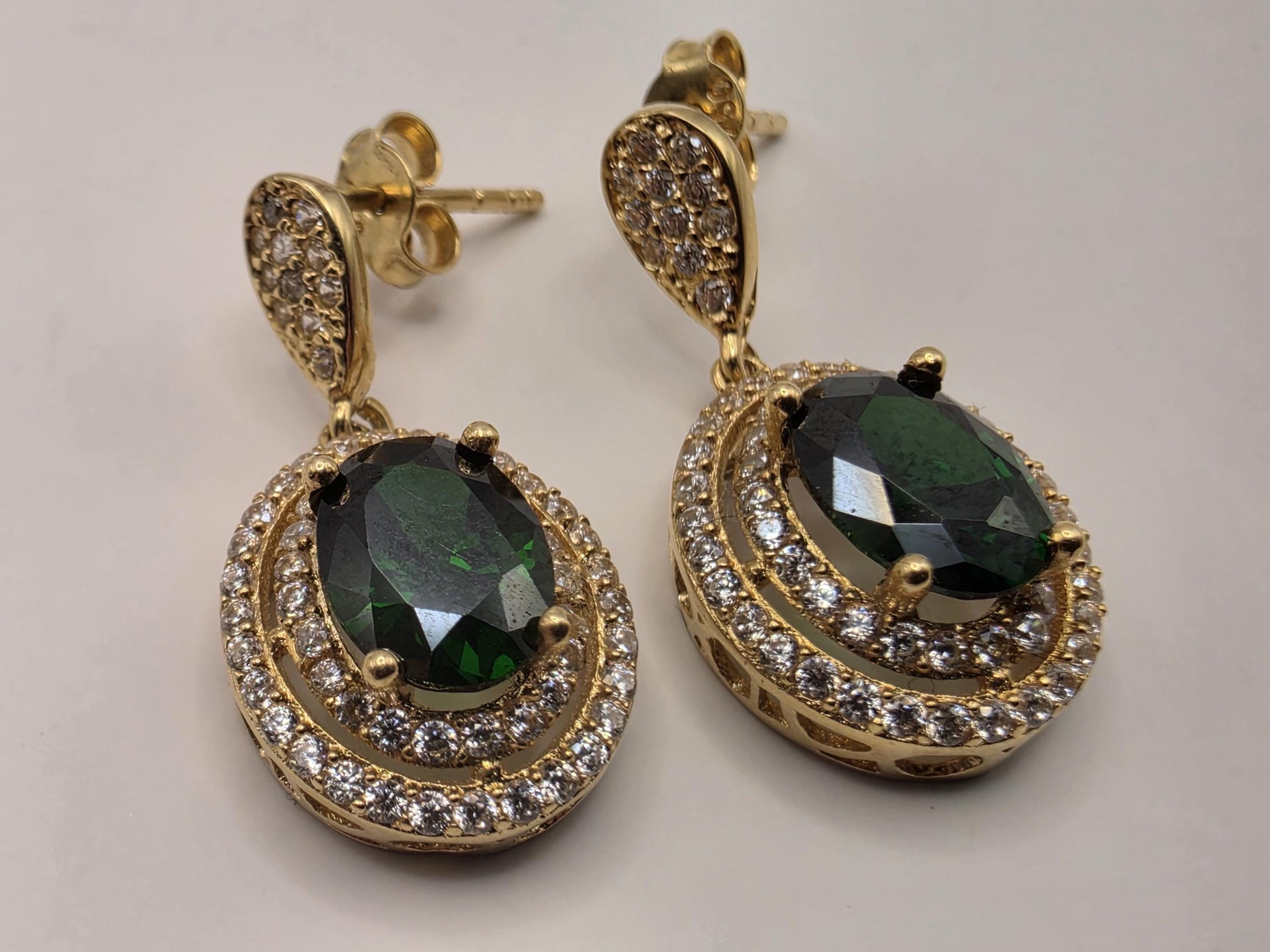 18K Yellow Gold Emerald CZ Halo Drop Earrings 0.5 x 0.375 Inch 4.1g Cubic Zirconia Solid Gold Fine Jewelry Gift for Her