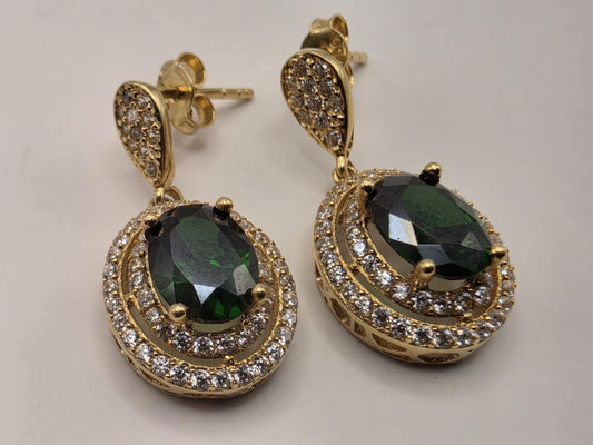 18K Yellow Gold Emerald CZ Halo Drop Earrings 0.5 x 0.375 Inch 4.1g Cubic Zirconia Solid Gold Fine Jewelry Gift for Her