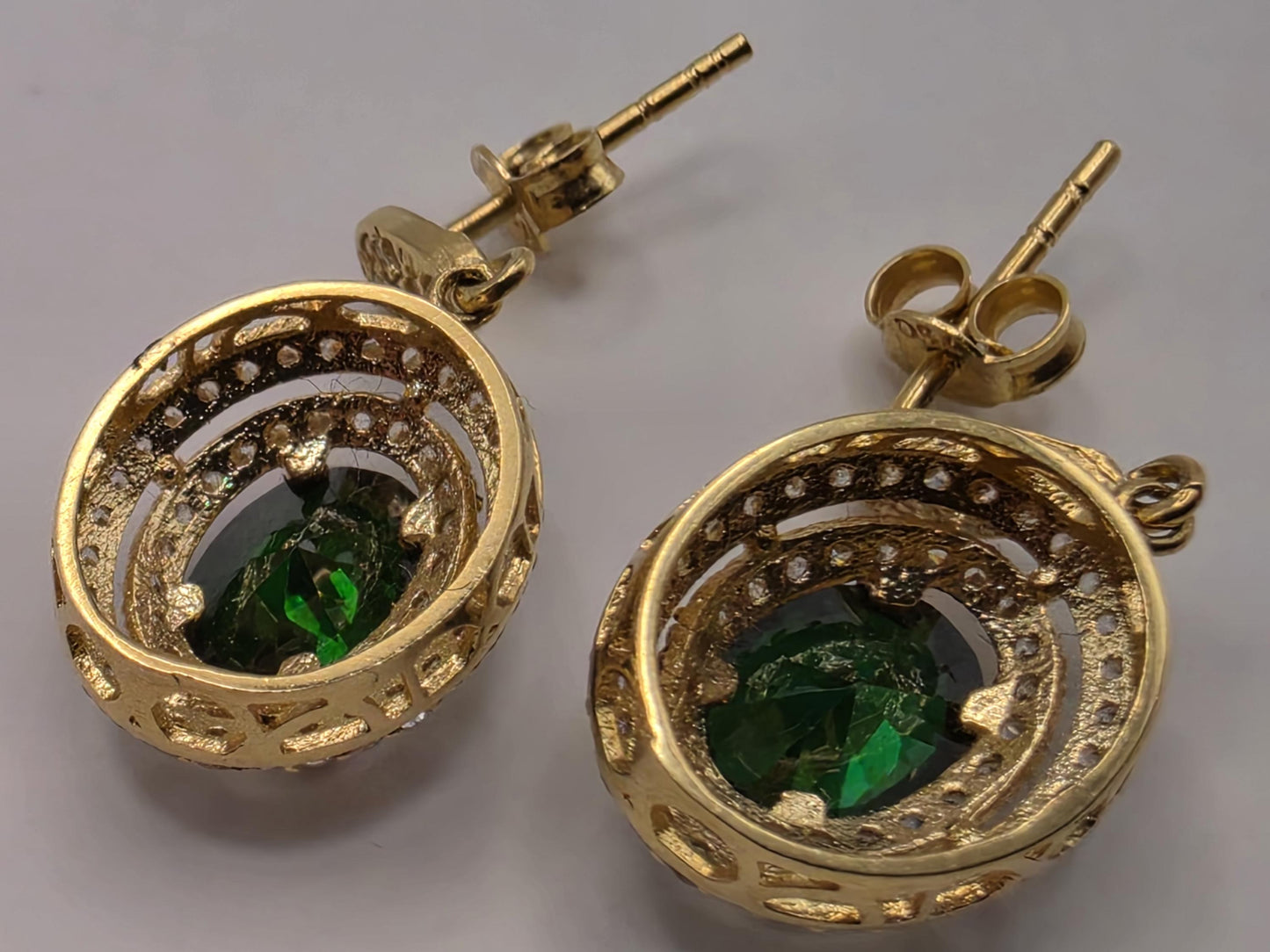 18K Yellow Gold Emerald CZ Halo Drop Earrings 0.5 x 0.375 Inch 4.1g Cubic Zirconia Solid Gold Fine Jewelry Gift for Her