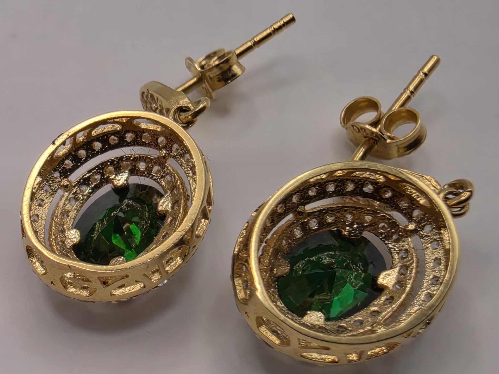 18K Yellow Gold Emerald CZ Halo Drop Earrings 0.5 x 0.375 Inch 4.1g Cubic Zirconia Solid Gold Fine Jewelry Gift for Her