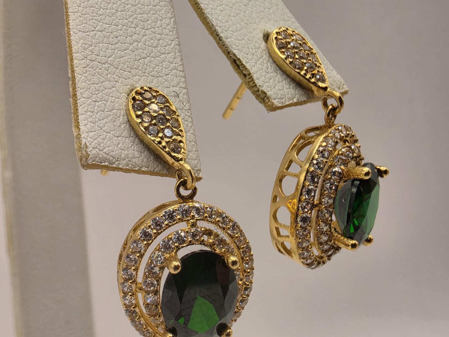 18K Yellow Gold Emerald CZ Halo Drop Earrings 0.5 x 0.375 Inch 4.1g Cubic Zirconia Solid Gold Fine Jewelry Gift for Her