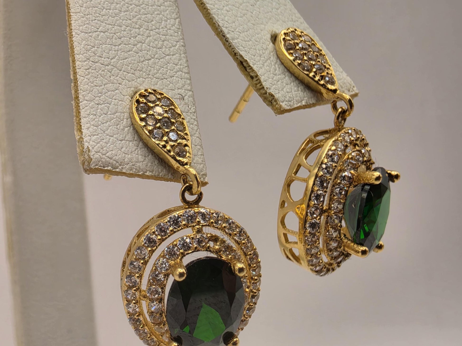 18K Yellow Gold Emerald CZ Halo Drop Earrings 0.5 x 0.375 Inch 4.1g Cubic Zirconia Solid Gold Fine Jewelry Gift for Her