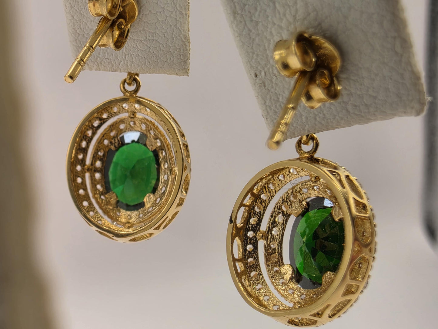18K Yellow Gold Emerald CZ Halo Drop Earrings 0.5 x 0.375 Inch 4.1g Cubic Zirconia Solid Gold Fine Jewelry Gift for Her