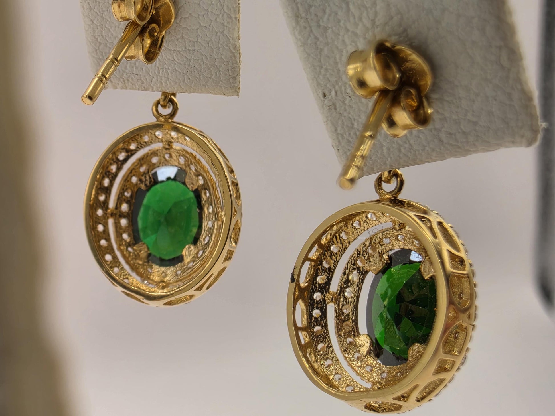 18K Yellow Gold Emerald CZ Halo Drop Earrings 0.5 x 0.375 Inch 4.1g Cubic Zirconia Solid Gold Fine Jewelry Gift for Her