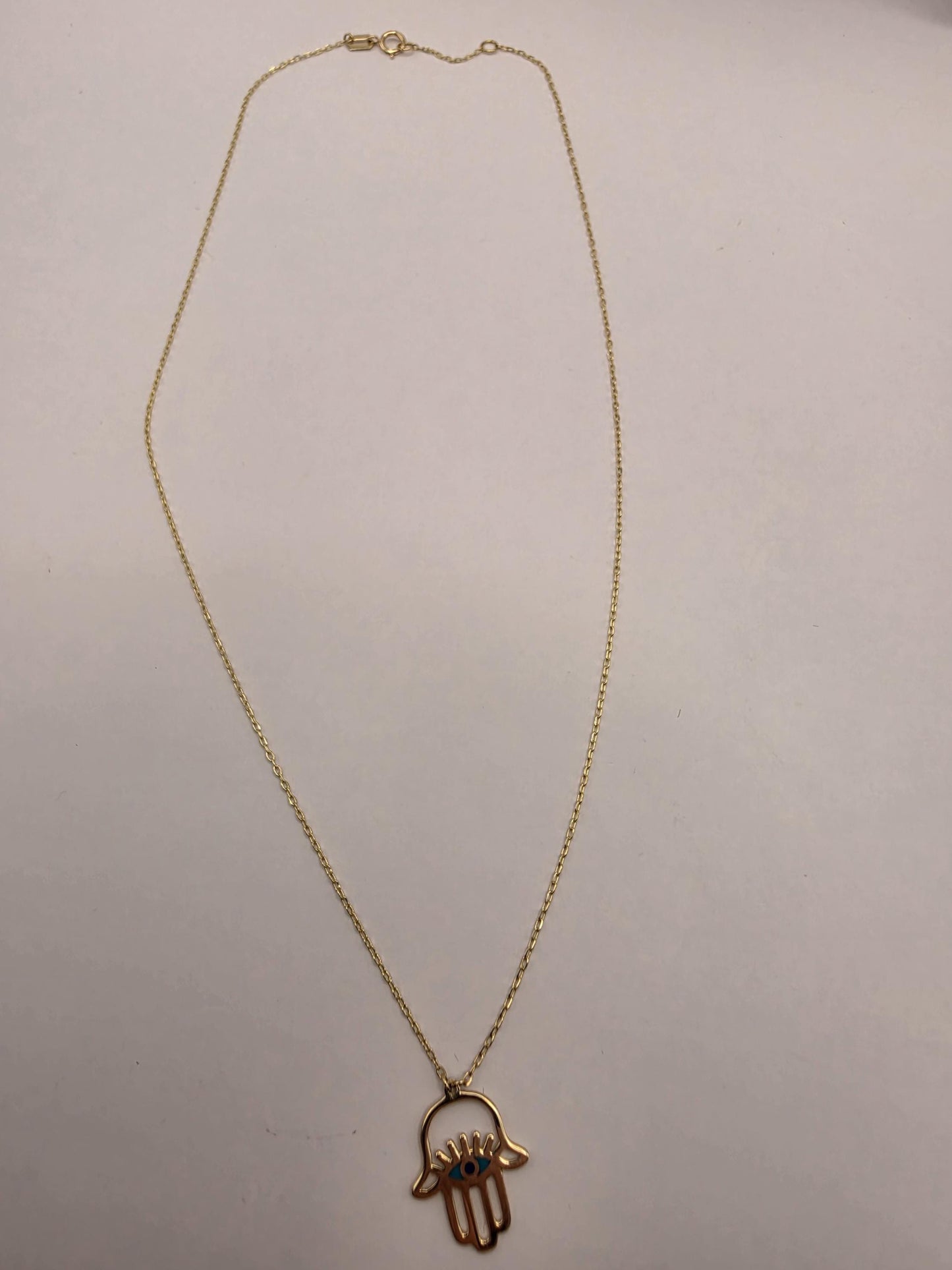 18K Yellow Gold Hamsa Hand Pendant Necklace 16 Inch 1.8g Solid Gold Protection Amulet Fine Jewelry