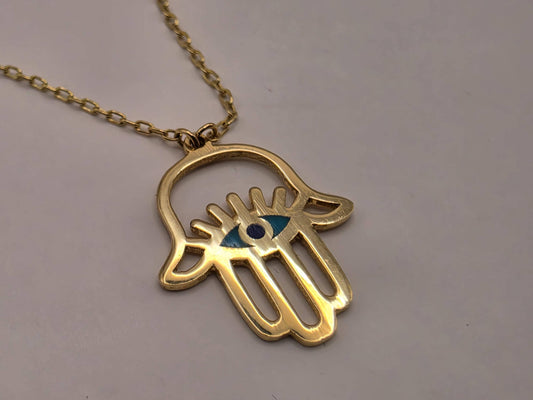 18K Yellow Gold Hamsa Hand Pendant Necklace 16 Inch 1.8g Solid Gold Protection Amulet Fine Jewelry