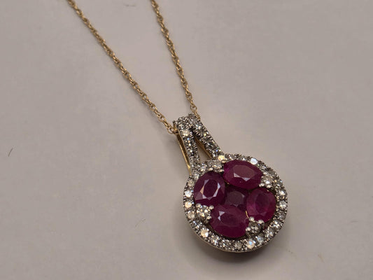 14K Yellow Gold 1 CT Ruby Natural Diamond Halo Necklace 19 Inch 1.9g Solid Gold Fine Jewelry Gift for Her