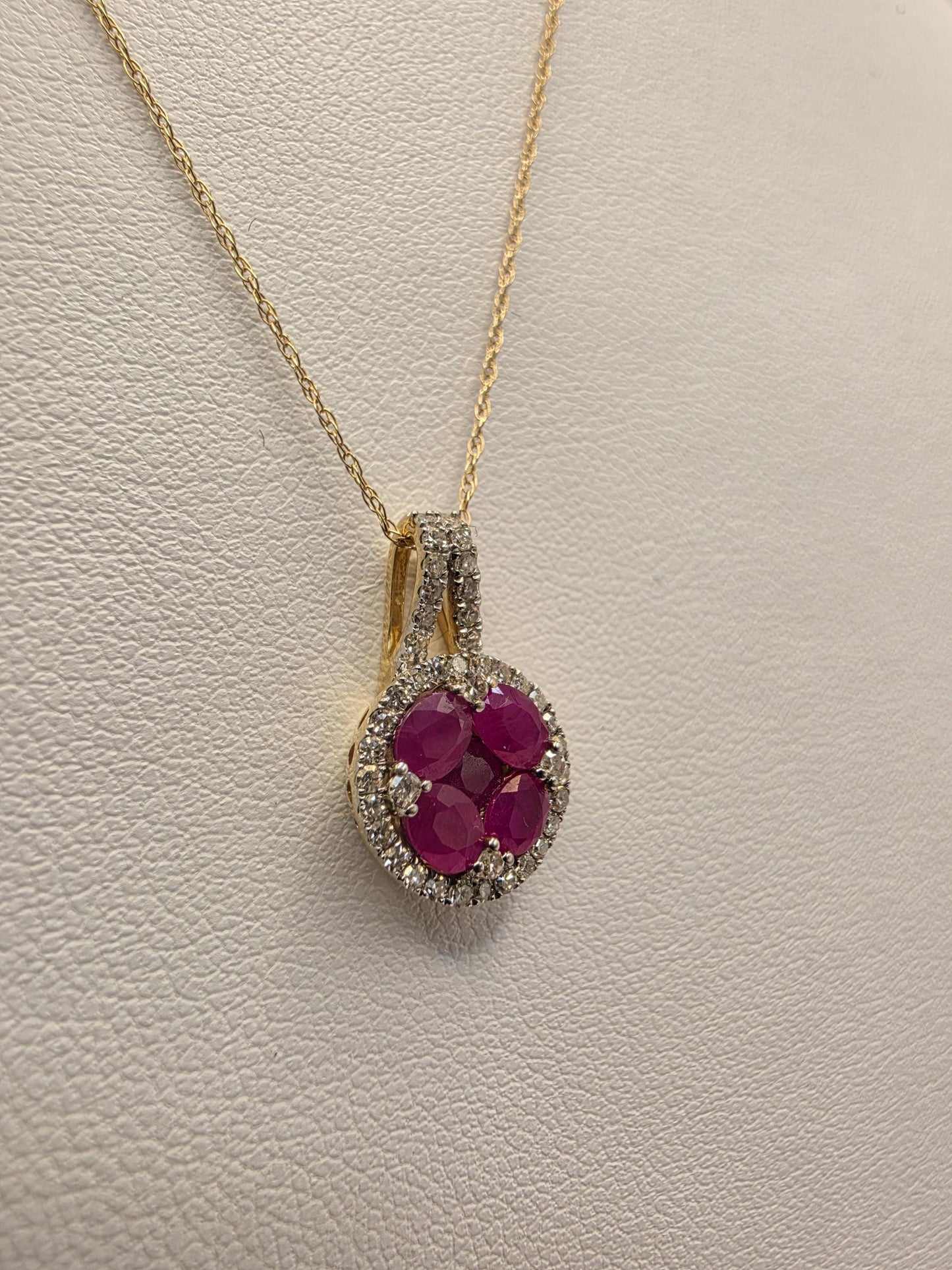 14K Yellow Gold 1 CT Ruby Natural Diamond Halo Necklace 19 Inch 1.9g Solid Gold Fine Jewelry Gift for Her