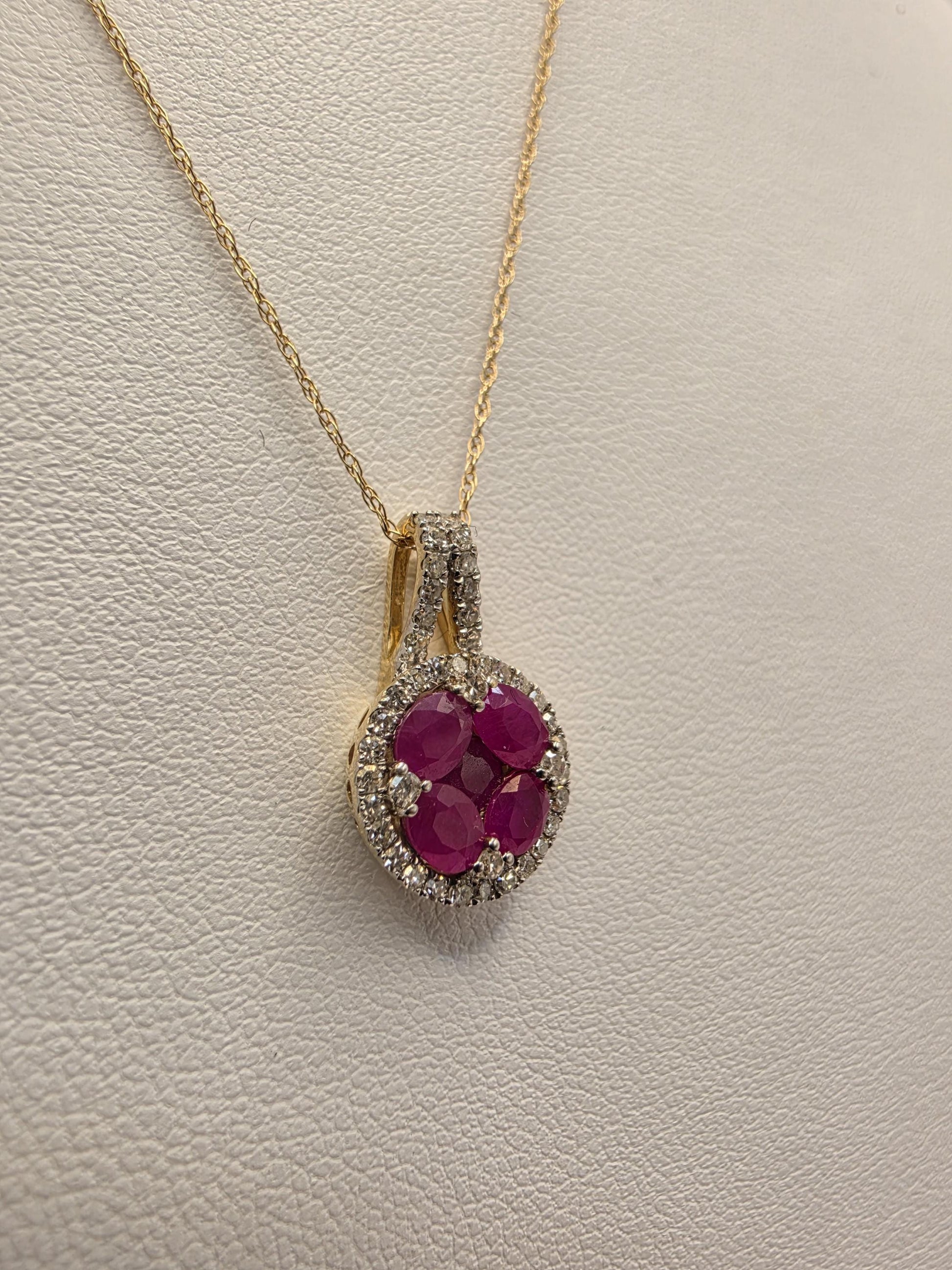 14K Yellow Gold 1 CT Ruby Natural Diamond Halo Necklace 19 Inch 1.9g Solid Gold Fine Jewelry Gift for Her