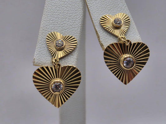 18K Yellow Gold Sunburst Heart Drop Earrings 0.75 x 0.5 Inch 2.5g Solid Gold Fine Jewelry Gift for Her