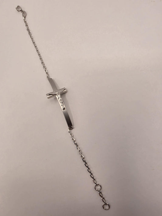 18K White Gold Crucifix Chain Bracelet 7 Inch 4.9g Solid Gold Religious Fine Jewelry Gift
