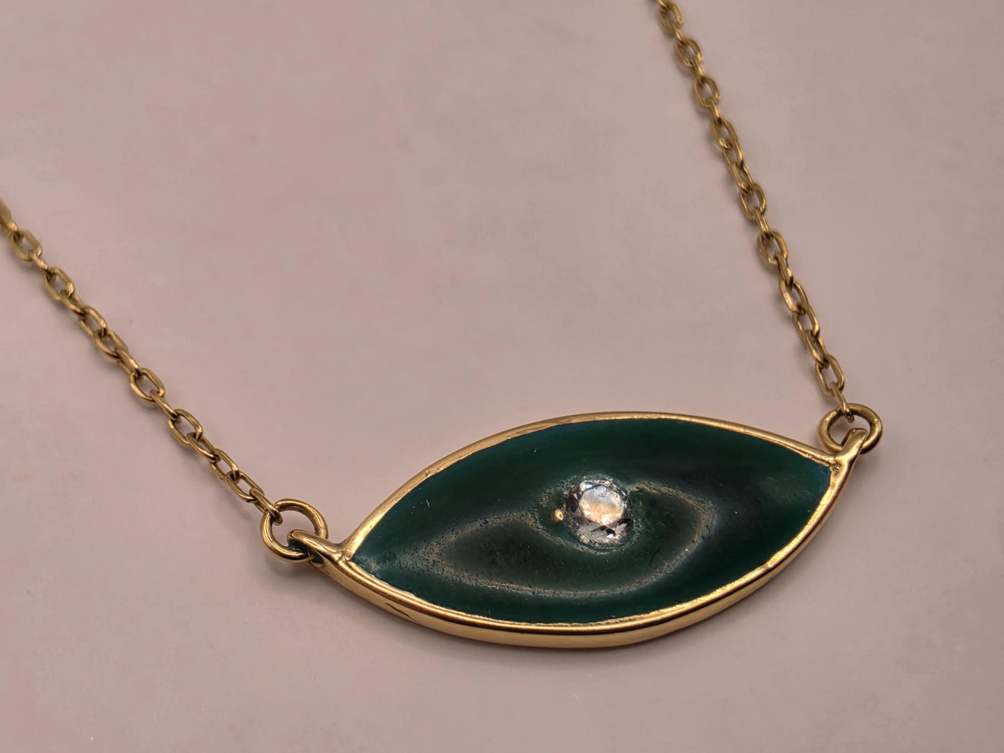 18K Yellow Gold Green Enamel Evil Eye Necklace 17 Inch 2.2g Solid Gold Protection Amulet Fine Jewelry