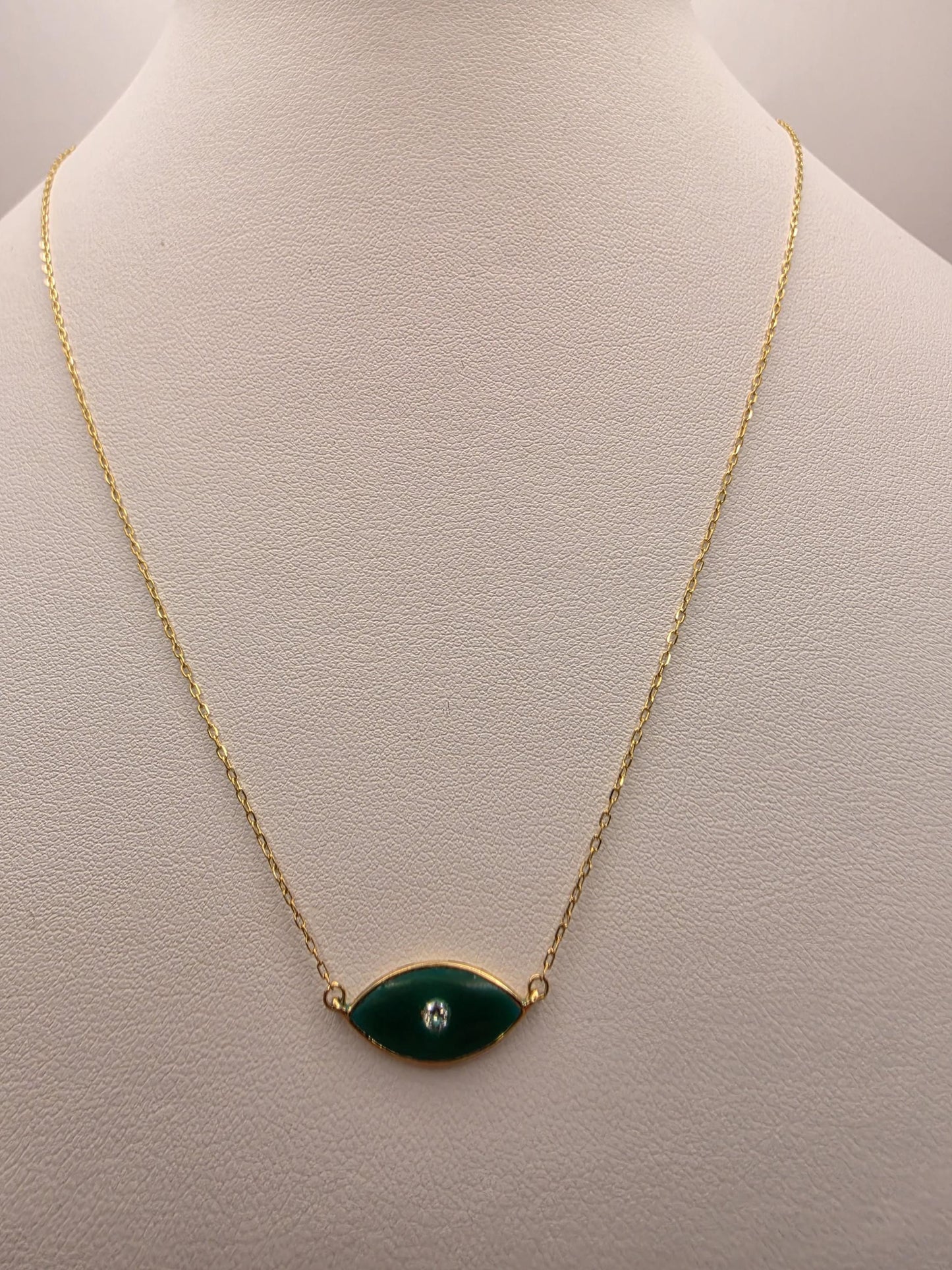 18K Yellow Gold Green Enamel Evil Eye Necklace 17 Inch 2.2g Solid Gold Protection Amulet Fine Jewelry