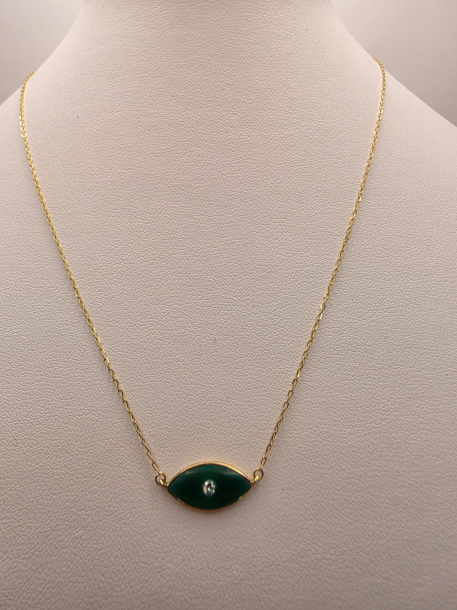18K Yellow Gold Green Enamel Evil Eye Necklace 17 Inch 2.2g Solid Gold Protection Amulet Fine Jewelry