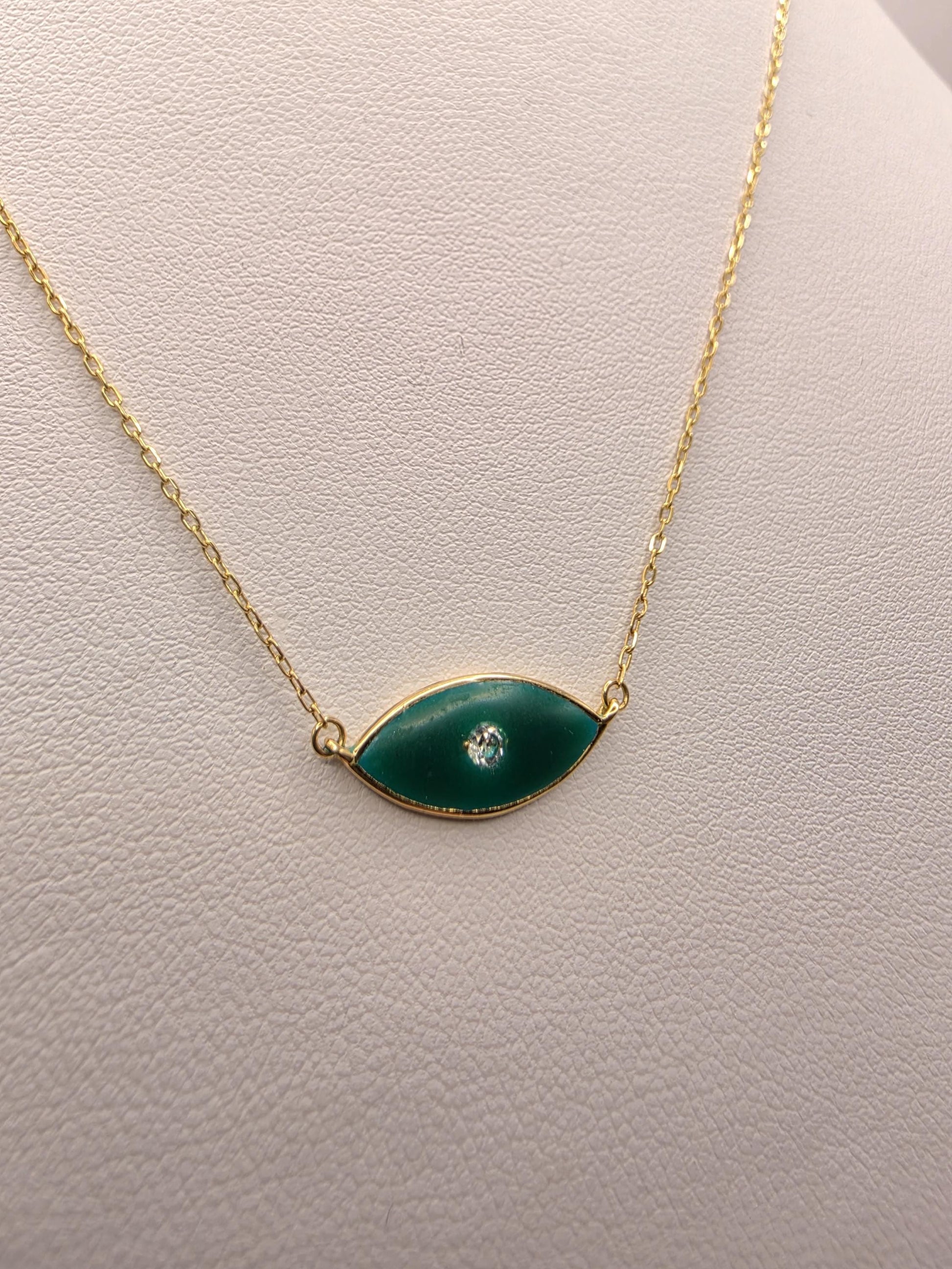 18K Yellow Gold Green Enamel Evil Eye Necklace 17 Inch 2.2g Solid Gold Protection Amulet Fine Jewelry