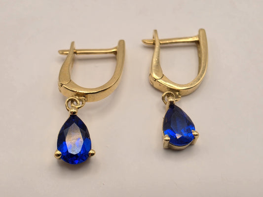 18K Yellow Gold Blue Sapphire Drop Earrings 0.75 x 0.375 Inch 2.3g Solid Gold Fine Jewelry Gift for Her