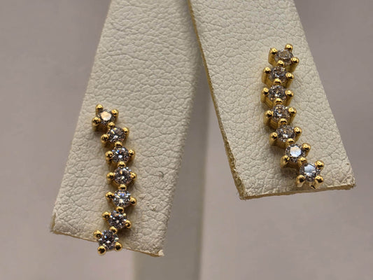 18K Yellow Gold Clear Stone Bar Stud Earrings 0.125 x 0.5 Inch 1.6g Solid Gold Fine Jewelry Gift for Her