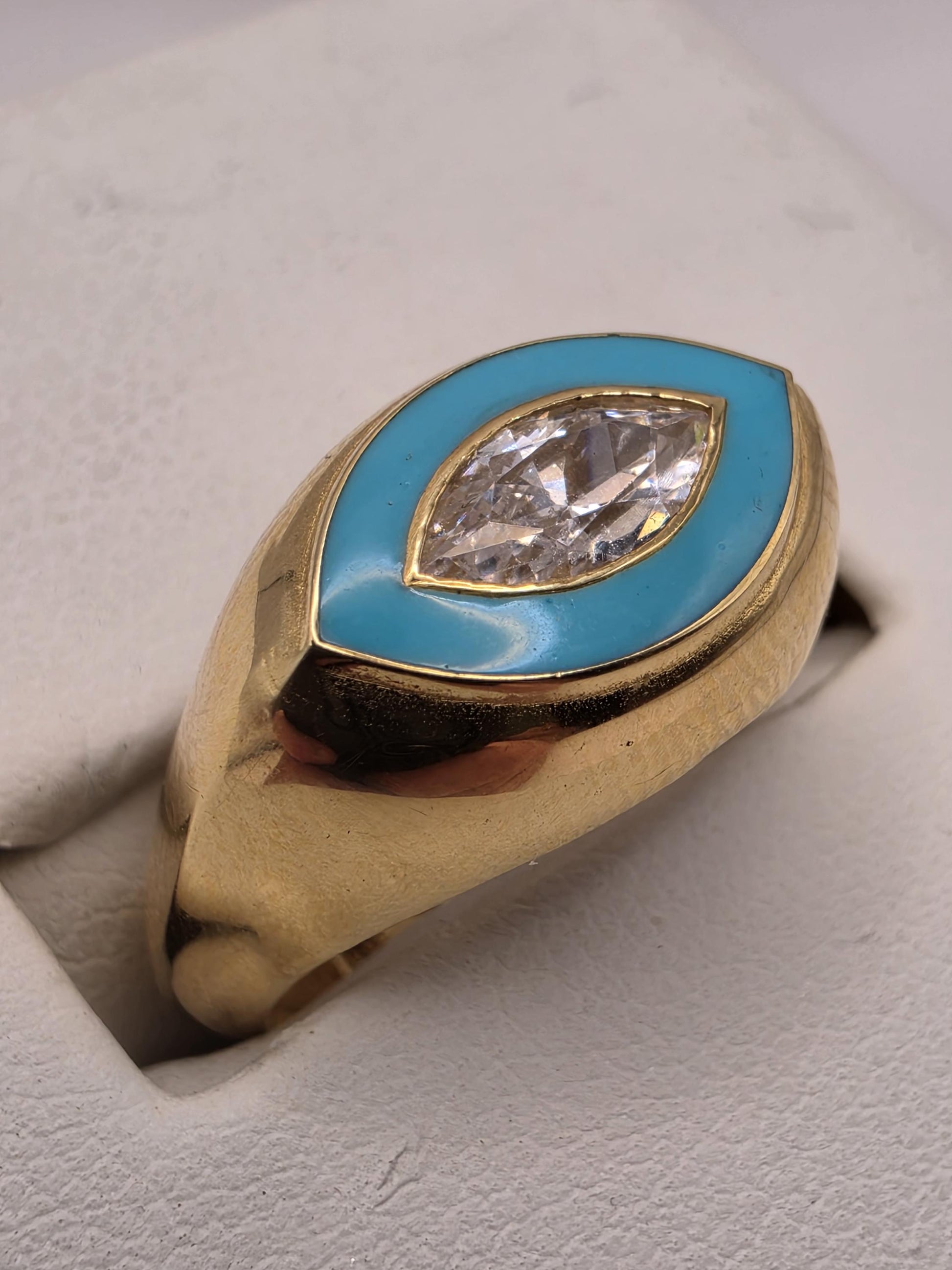 18K Yellow Gold CZ Enamel Evil Eye Ring Size 7 3.2g Cubic Zirconia Solid Gold Protection Amulet Fine Jewelry