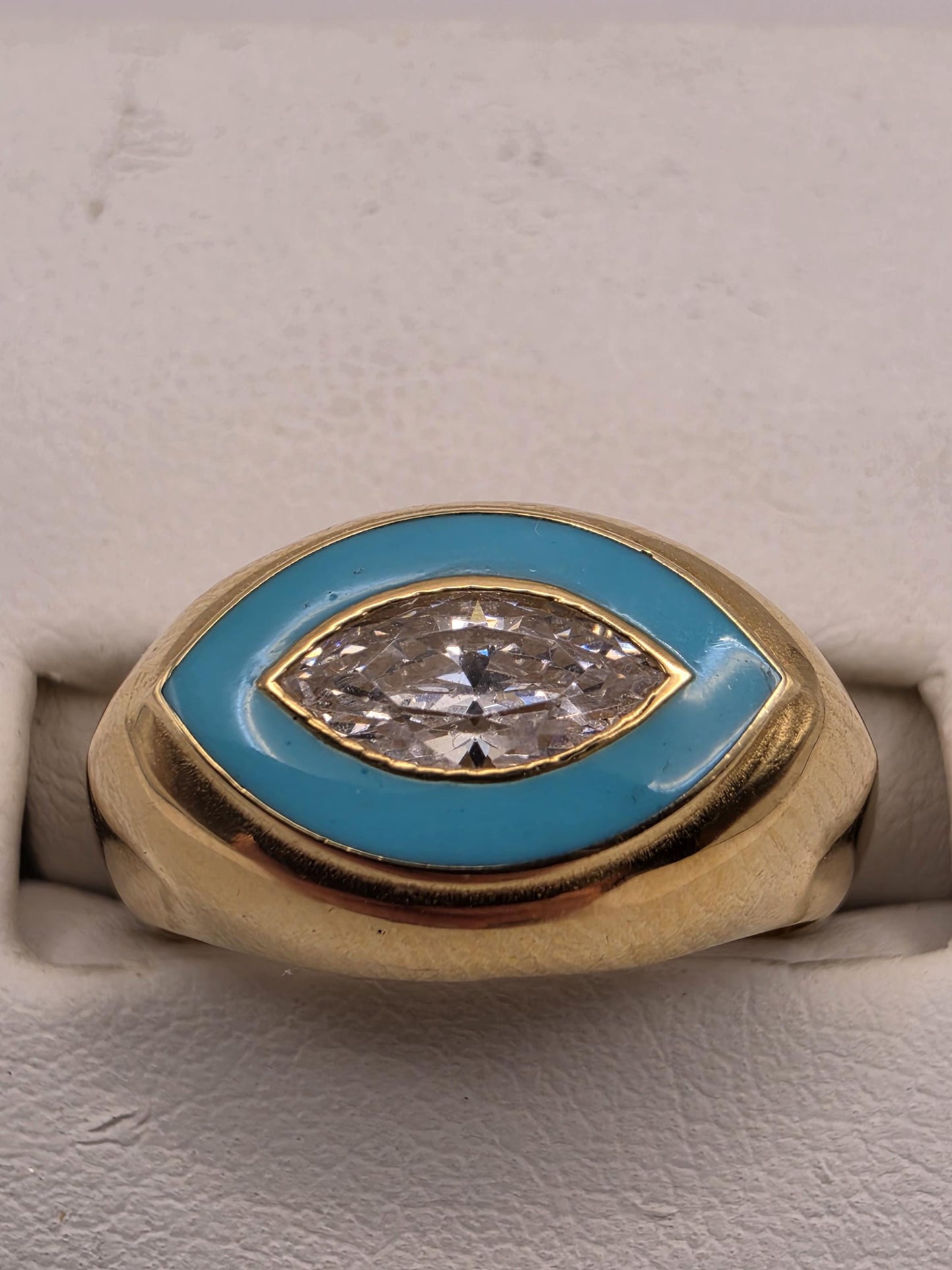 18K Yellow Gold CZ Enamel Evil Eye Ring Size 7 3.2g Cubic Zirconia Solid Gold Protection Amulet Fine Jewelry