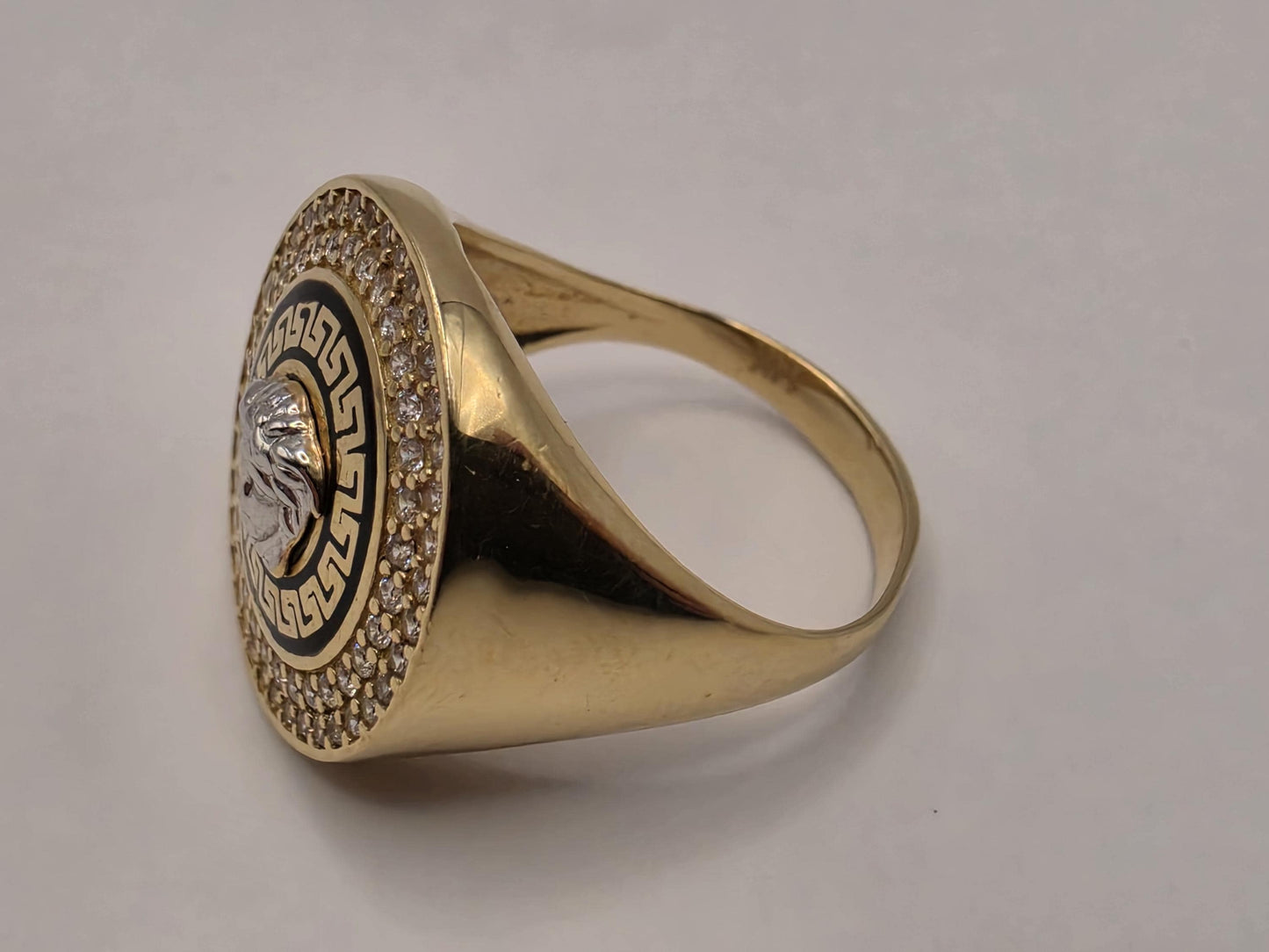14K Yellow Gold CZ Medusa Greek Key Statement Ring Size 7 5.4g Cubic Zirconia Solid Gold Greek Key Statement Fine Jewelry
