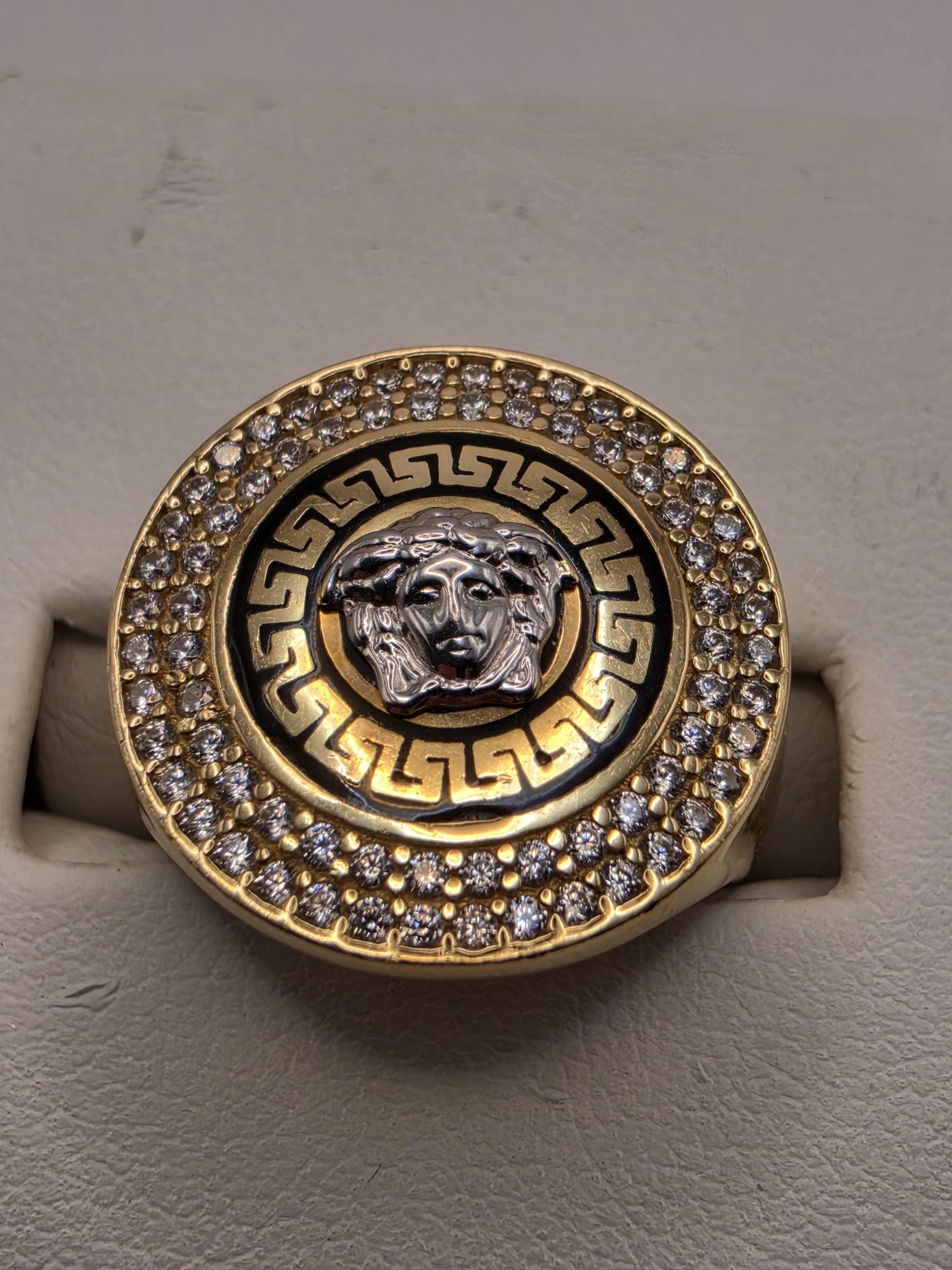14K Yellow Gold CZ Medusa Greek Key Statement Ring Size 7 5.4g