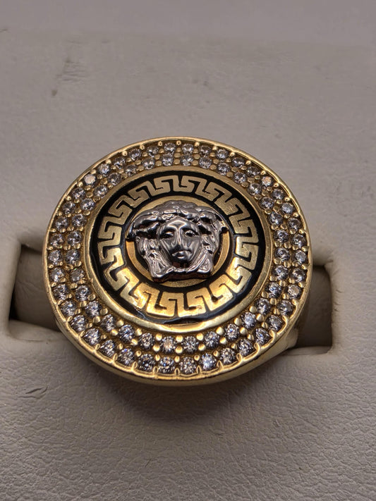14K Yellow Gold CZ Medusa Greek Key Statement Ring Size 7 5.4g