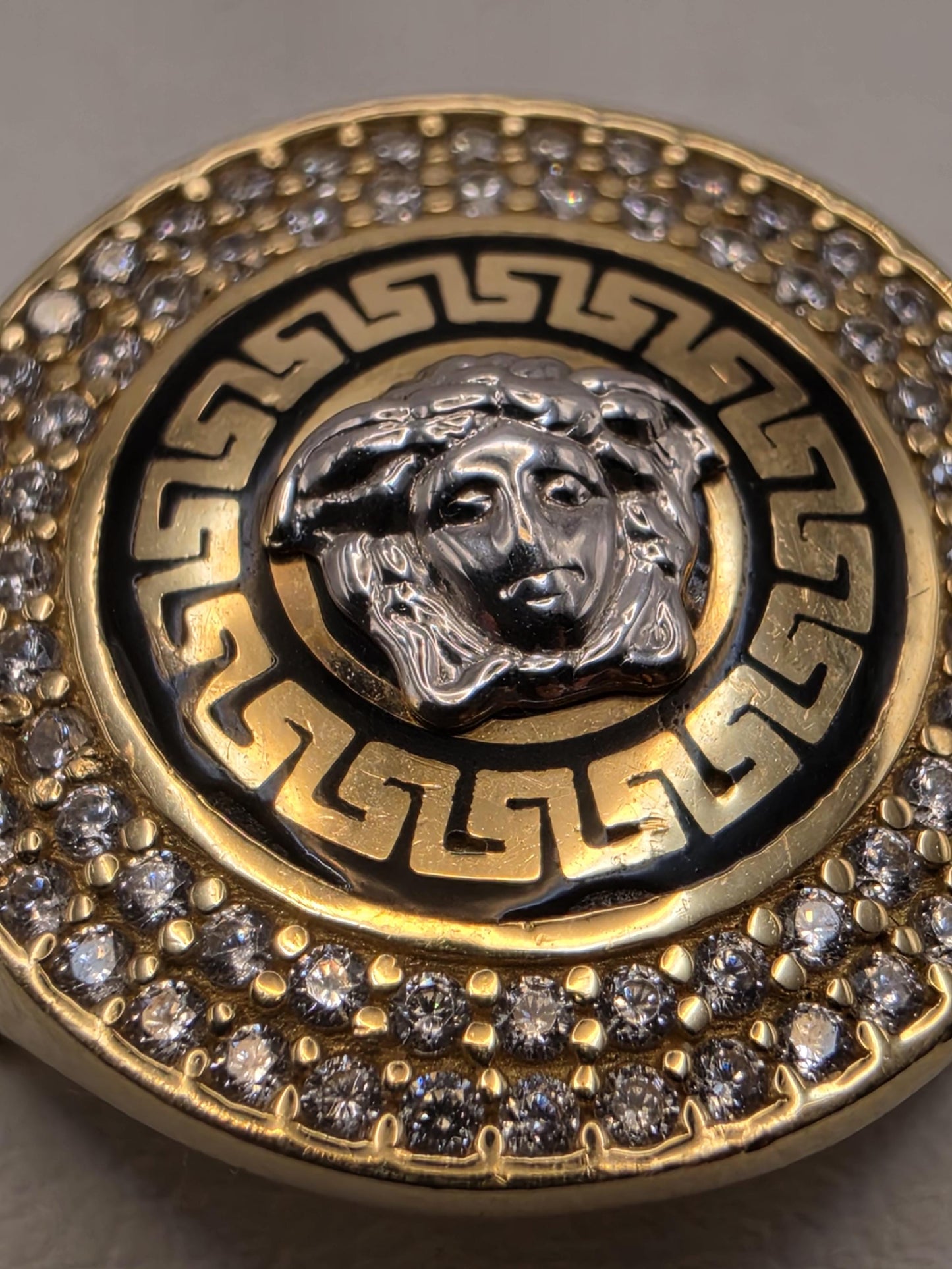 14K Yellow Gold CZ Medusa Greek Key Statement Ring Size 7 5.4g Cubic Zirconia Solid Gold Greek Key Statement Fine Jewelry