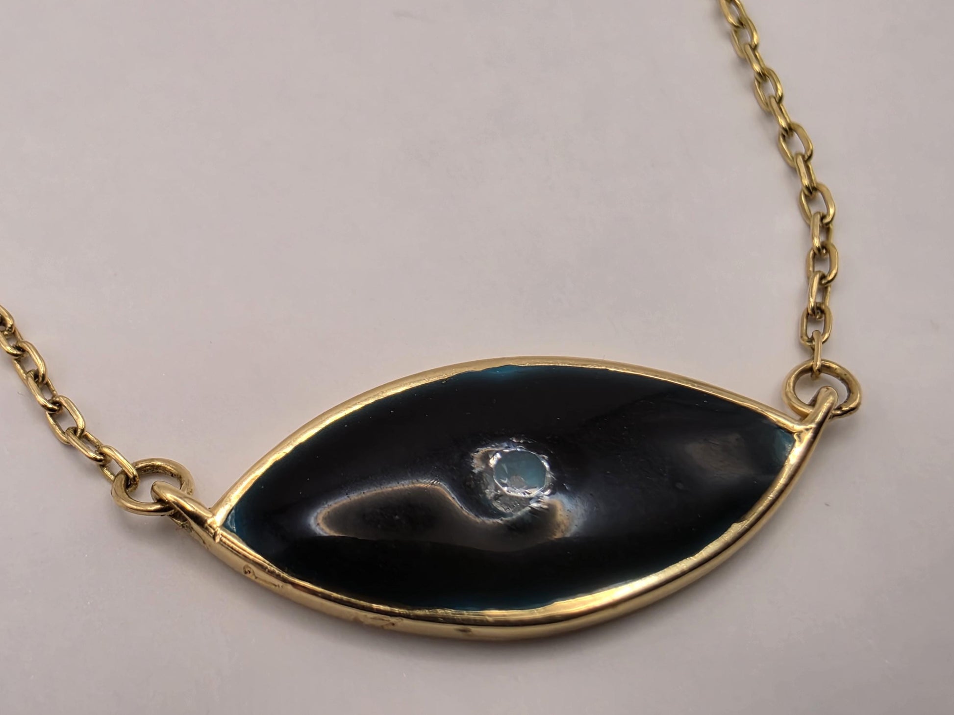 18K Yellow Gold Black Enamel Lab Diamond Evil Eye Necklace 16.5 Inch 2.3g Solid Gold Protection Amulet Fine Jewelry