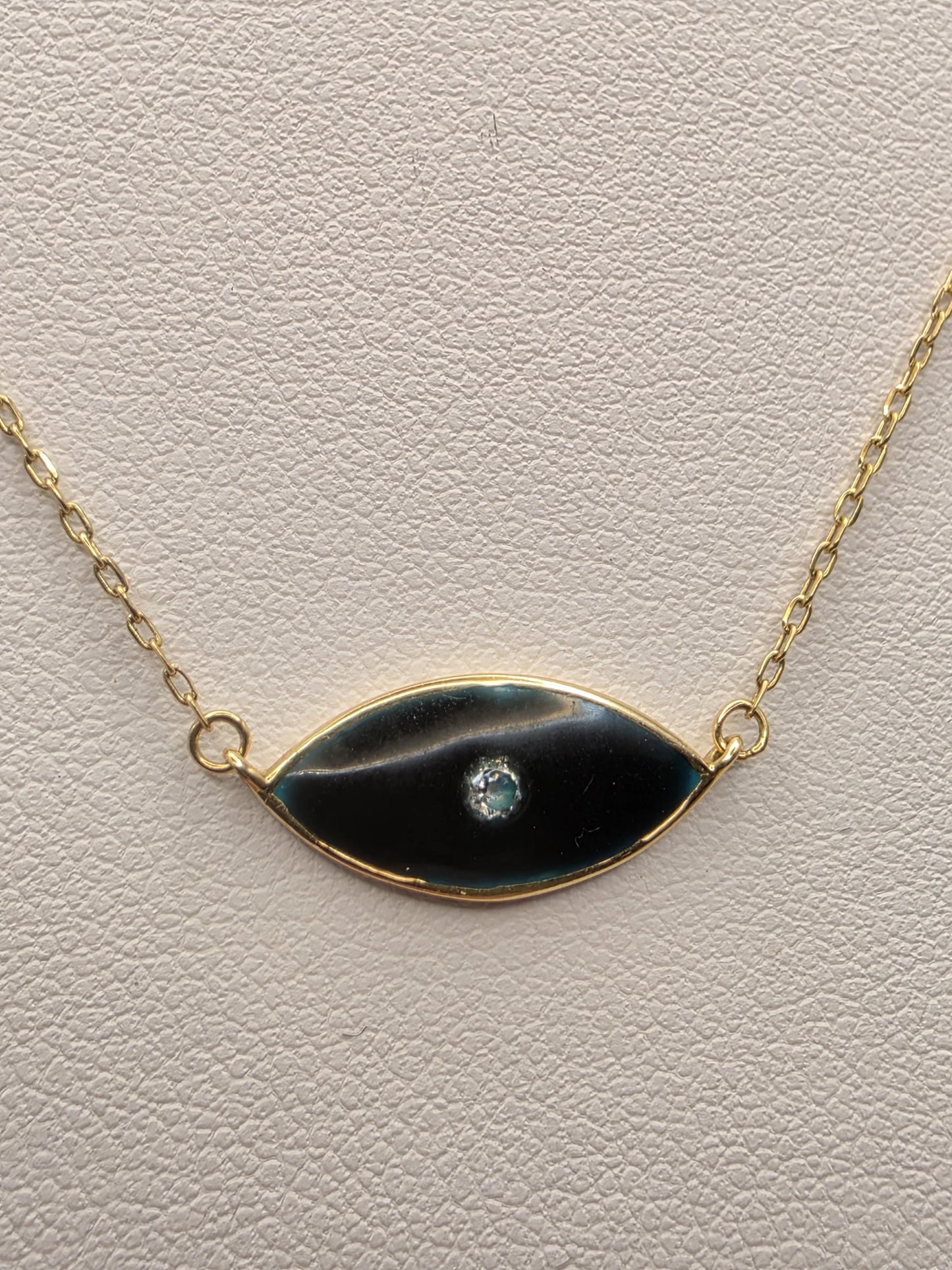 18K Yellow Gold Black Enamel Lab Diamond Evil Eye Necklace 16.5 Inch 2.3g Solid Gold Protection Amulet Fine Jewelry