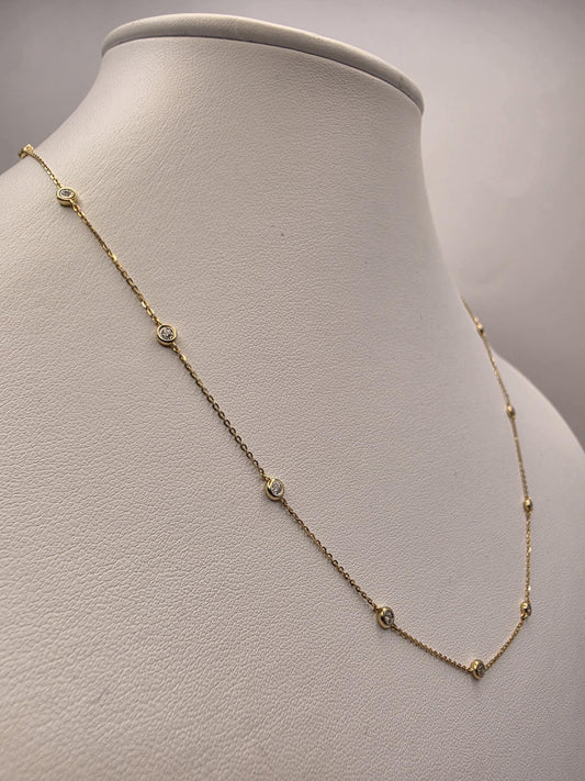 14K Yellow Gold Natural Diamond Station Necklace 18" 2.4g