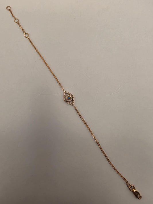 14K Rose Gold Evil Eye Bracelet, Blue Sapphire & 0.16 CT Natural Diamond, Adjustable 7 Inch Fine Jewelry