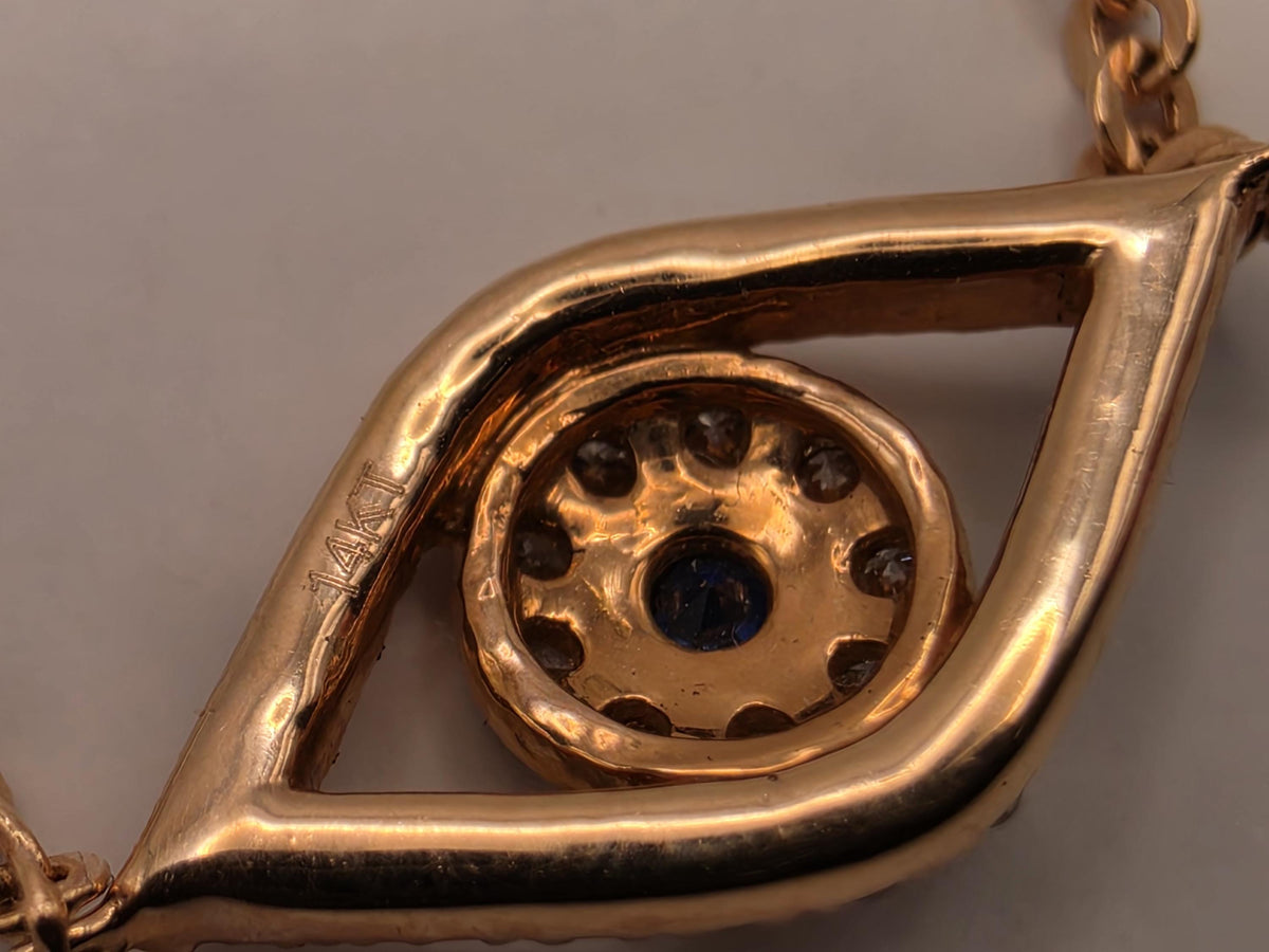 14K Rose Gold Evil Eye Bracelet, Blue Sapphire & 0.16 CT Natural Diamond, Adjustable 7 Inch Fine Jewelry