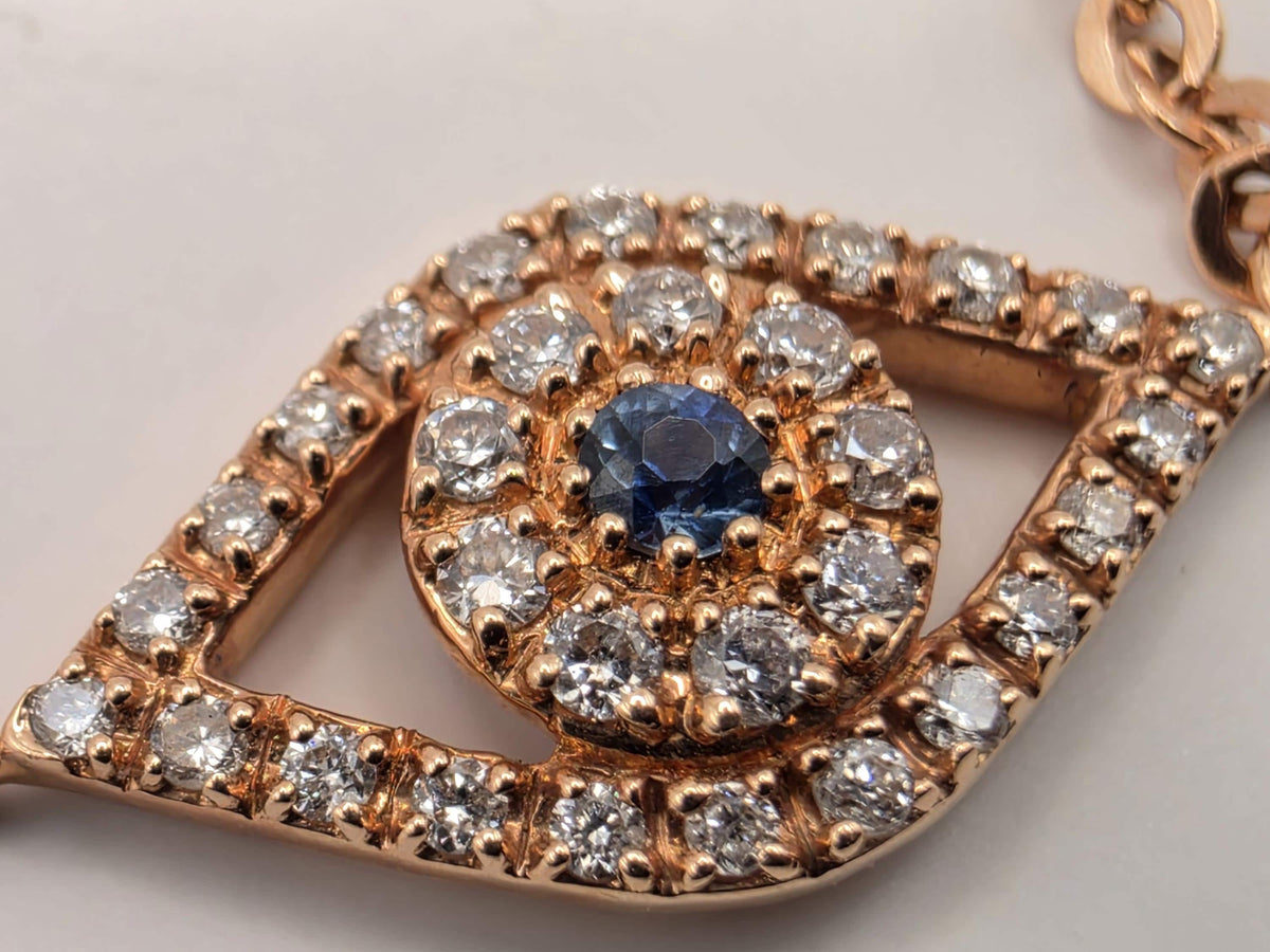14K Rose Gold Evil Eye Bracelet, Blue Sapphire & 0.16 CT Natural Diamond, Adjustable 7 Inch Fine Jewelry