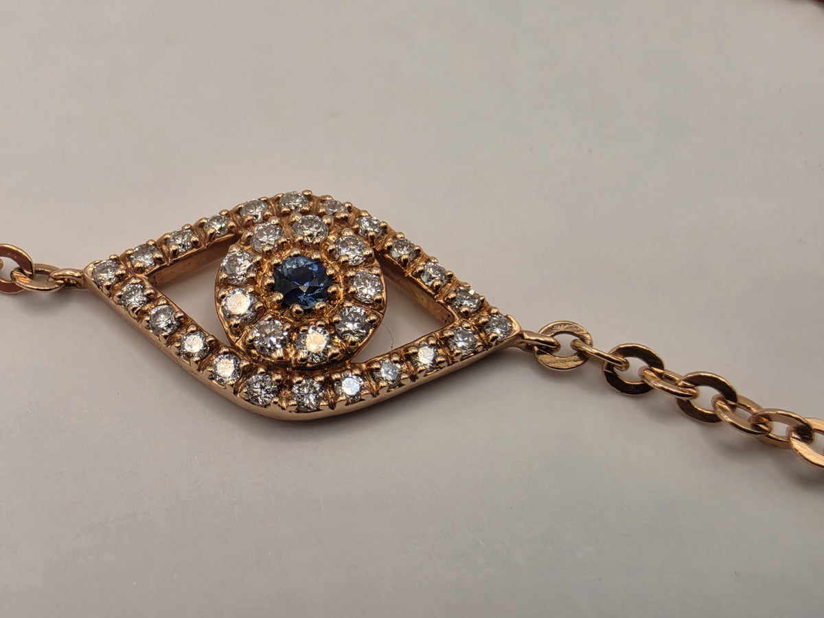 14K Rose Gold Evil Eye Bracelet, Blue Sapphire & 0.16 CT Natural Diamond, Adjustable 7 Inch Fine Jewelry